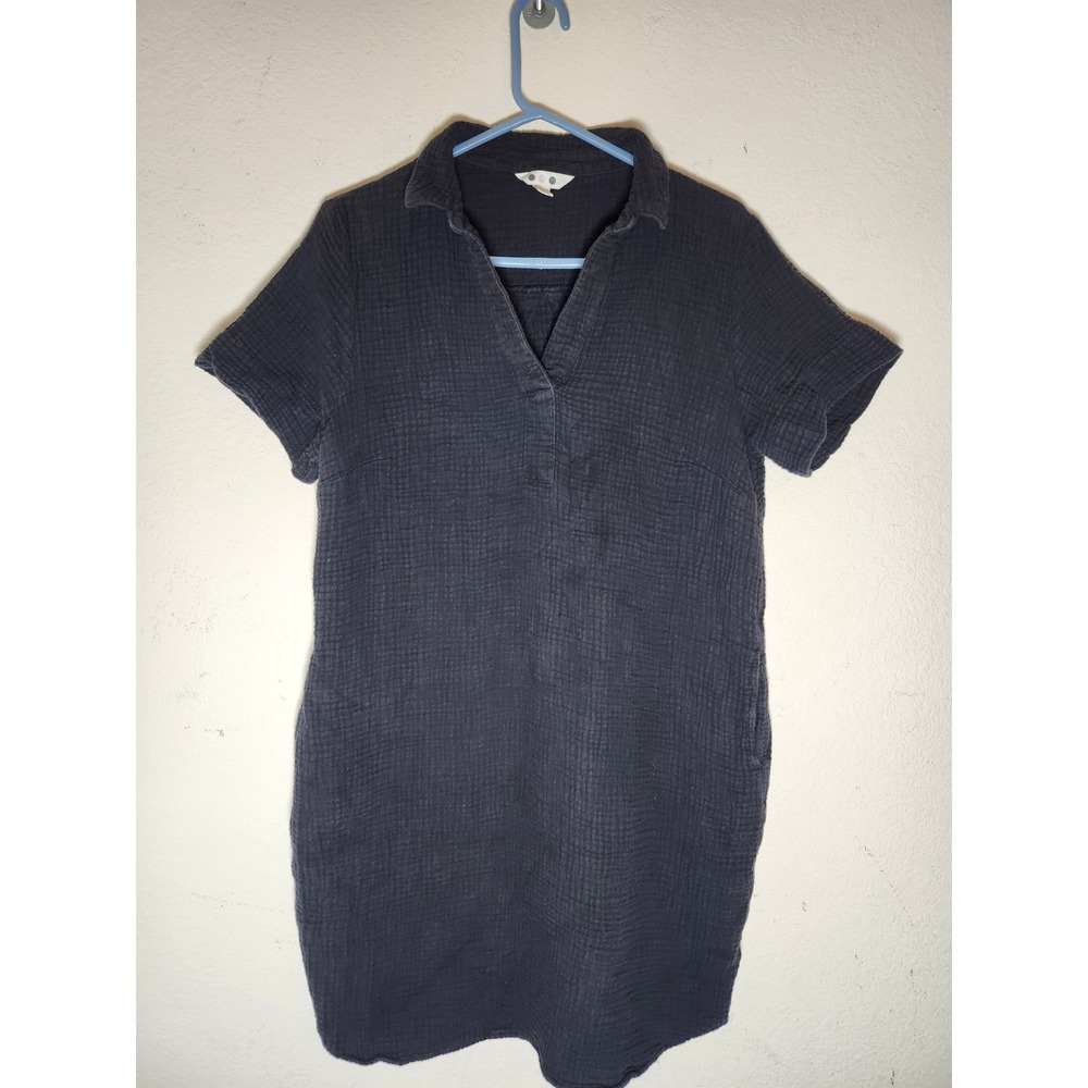 Three Dots Shift Dress Women Size M Black Double Gauze Cotton V-Neck Pockets
